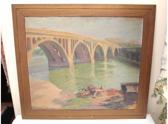 Oil On Board River Way Arches Painting Signed Slater 32 X 28