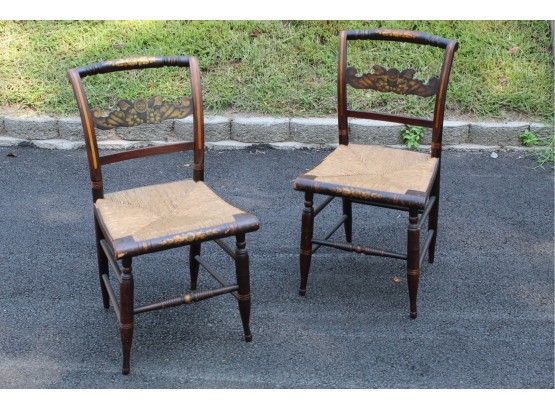 Pair Of Vintage Hitchcock Style Rush Seat Side Chairs 17 X 15 X 33