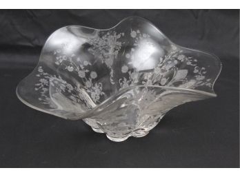 Vintage Floral Etched Glass Centerpiece Bowl