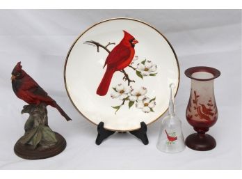Cardinal Bird Figurine, Vase, Plate And Bell