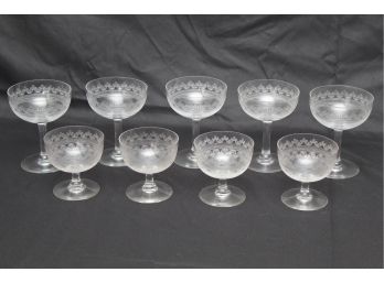 9 Vintage Matching Etched Swirl Martini Glasses