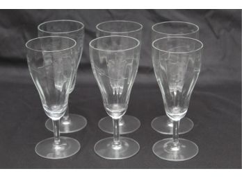 6 Vintage Etched Flower Wine Glasses