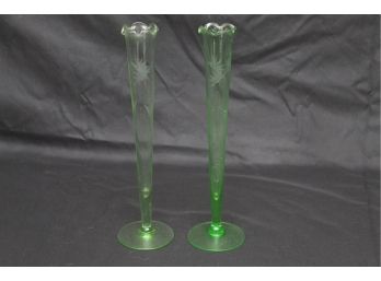 Pair Of Vintage Thin Green Colored Glass Vases