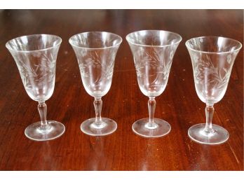 Set Of 4 Vintage Floral Etched Wine Glasses