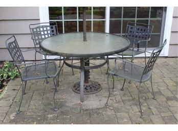 Outdoor Patio Set Including Glass Top Table, Umbrella,  And 4 Chairs 22 X 17 1/2 X 34