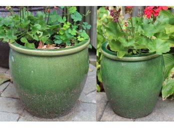 Pair Of Outdoor Green Crackle Ceramic Flower Pots