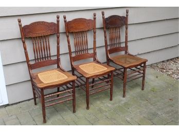 Trio Of Antique Pressed Back Cane Seat Chairs 18 X 16 1/2 X 40 1/2