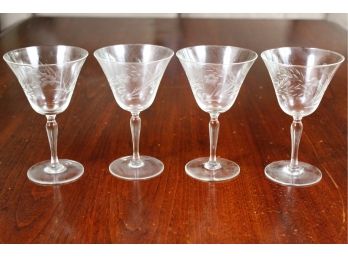 Set Of 4 Vintage Floral Etched Champagne Glasses