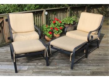 Pair Of Wrought Aluminum Patio Chairs & Foot Stools Including Sunbrella Cushions 28.5 X 27 X 36