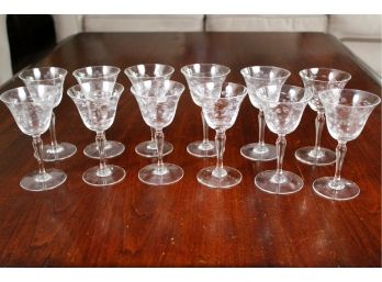 Set Of 12 Vintage Floral Etched Wine Glasses