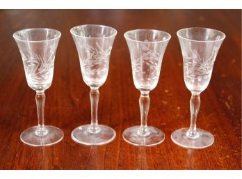 Set Of 4 Small Vintage Floral Etched Aperitif Glasses