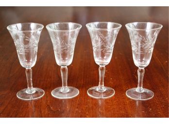 Set Of 4 Vintage Small Floral Etched Wine Glasses
