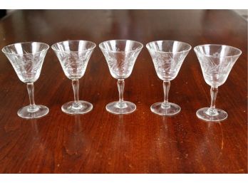 Set Of 5 Vintage Small Floral Etched Wine Glasses