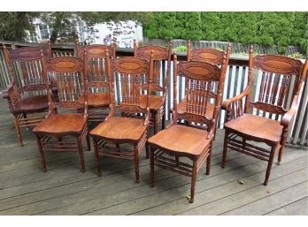 Set Of 8 Antique Reproduction Pressed Back Dining Chairs Including Two Arm Chairs & Cushions 18 X 17 X 41