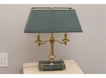 Brass Colored Table Lamp With Green Shade & Marble Base 18 Inches Tall