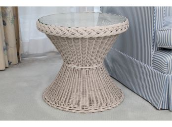 White Wicker Round Side Table With Glass Top 20 X 18