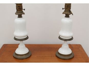 Pair Of Antique White Porcelain With Brass Base Table Lamps READ