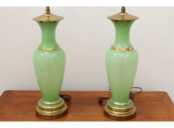 Green Opalescent Murano Glass Like Table Lamps With Brass Base