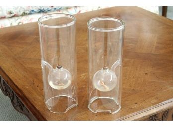 Matching Pair Of Glass Cylinder Oil Hurricane Lanterns