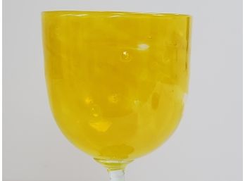 William Aker One Of A Kind Art Glass Yellow With Green Stem And Red Swirl Base
