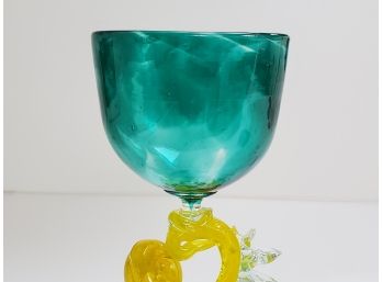 William Aker One Of A Kind Art Glass Aqua Blue With Yellow Stem And Swirl Base