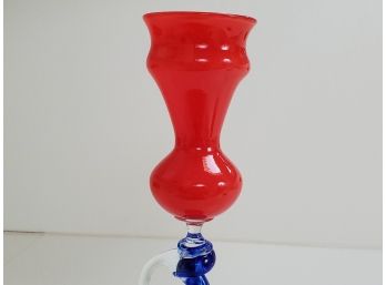 William Aker One Of A Kind Art Glass Ruby Red With Blue Swirl Stem And Red Base