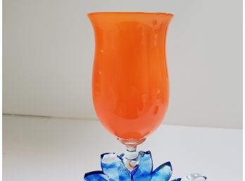 William Aker One Of A Kind Art Glass Pumpkin Orange With Blue Swirl Stem And Green Base