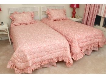 Pair Of Twin Beds With Wicker Headboards, Mattress And Laura Ashley Bedding- Clean