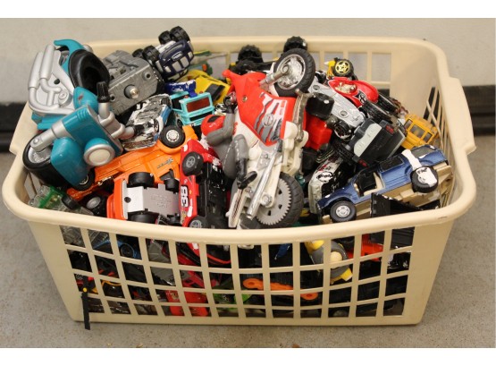 Basket Of Miscellaneous Toy Trucks And Cars