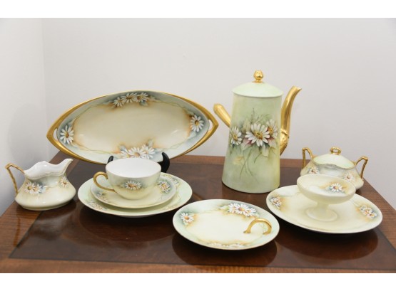 1920's Hand Painted Daisy Cocoa Set Including Limoges France And German Porcelain - Lovely Condition