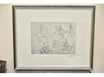 Framed Pencil Sketching Of Calvary Officers Riding Horses 21 1/2 X 16