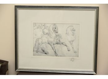 Framed Horses Pencil Sketching 21 1/2 X 16