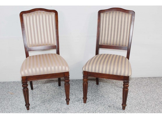 Pair Of Custom Upholstered Striped Fabric Side Chairs With Mahogany Stain Finish 20 X 19 X 41