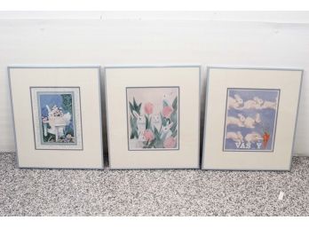 Trio Of Framed Bunny Rabbit Prints 16 X 19