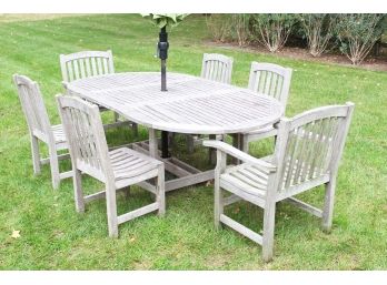 Teak Wood Backyard Patio Table With 6 Chairs & Umbrella (See Details) 86 1/2 X 47 X 29 1/2