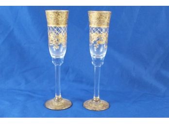 Pair Of Signed Hand Decorated Gold Toasting Flute Drinking Glasses