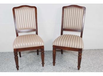 Pair Of Custom Upholstered Striped Fabric Side Chairs With Mahogany Stain Finish 20 X 19 X 41