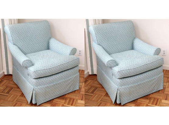 Matching Pair Of Turquoise & White Fabric Armchairs 33 X 29 X 32