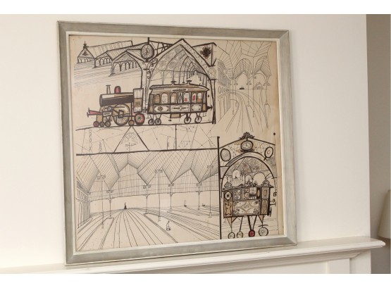 'Trains' By Saul Steinberg 1951 Hand Printed Textile Framed 35 X 37