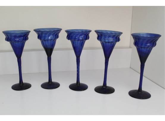 Set Of 5 Cobalt Blue Long Stem Drinking Glasses