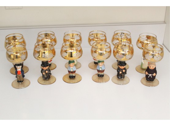 Set Of 12 Goebel Hummel Figural Etched 24K Gold Wine Glasses