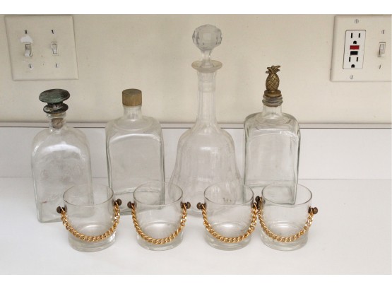 Four Vintage Decanters With Gold Chain Drinking Glasses