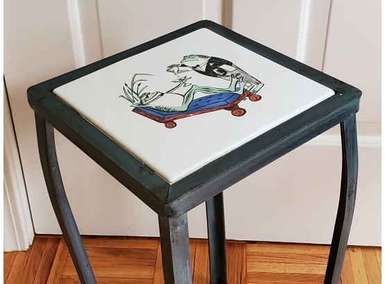 Porcelain Top Metal Side Table With Frog Design 10 X 10 X 18