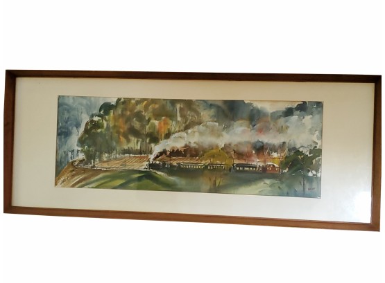 Abstract Train In The Distance Signed George Velich Original  Watercolor Framed 41.5 X 16.5