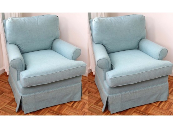 Matching Pair Of Turquoise Fabric Armchairs 33 X 28 X 21