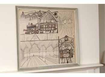 'Trains' By Saul Steinberg 1951 Hand Printed Textile Framed 35 X 37