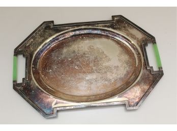 RARE Art Deco Silver Plated Serving Tray With Green Catalin Handles