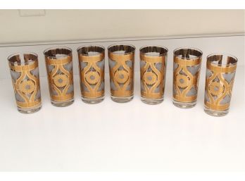 Set Of 7 Mid Century Gold Flower Drinking Glasses