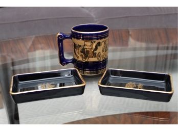 Hand Painted 24K Gold Plated And Cobalt Blue Mug And (2)Trays With Ancient Greek Motif