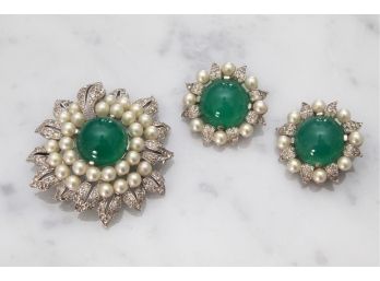 Jomaz Beautiful Rich Green Brooch And Earrings -33